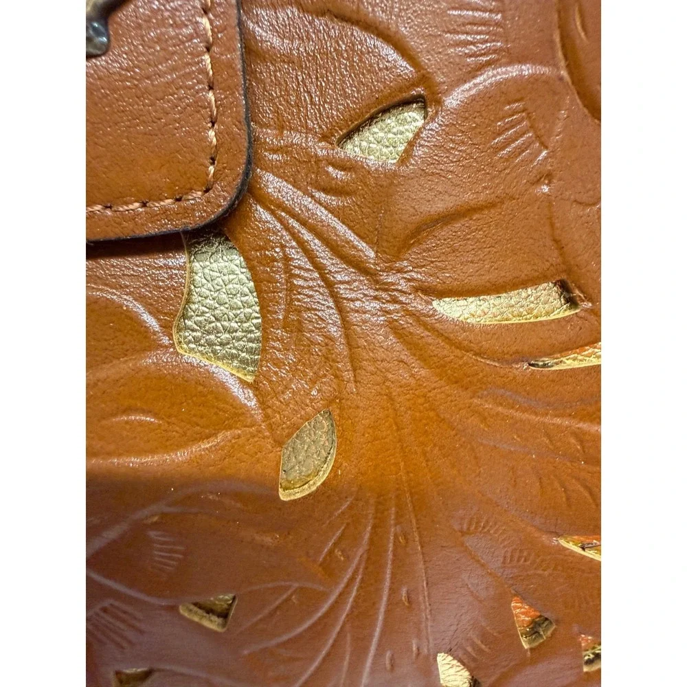 Patricia Nash Rosina‎ Tooled Metallic GOLD LEATHER  Satchel PURSE Tan NWT